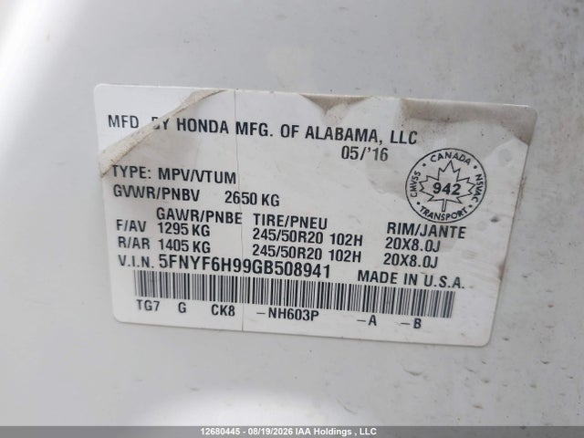 Honda Pilot Touring 2016 5FNYF6H99GB508941 Image 9