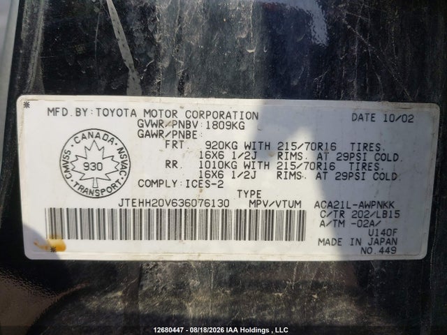 Aukcja sprzedaży 2003 Toyota Rav4, vin: JTEHH20V636076130, numer aukcji: 12680447