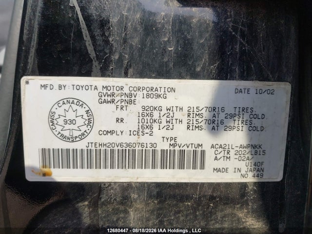 Aukcja sprzedaży 2003 Toyota Rav4, vin: JTEHH20V636076130, numer aukcji: 12680447