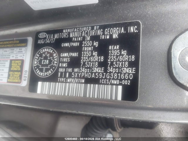 Продаж на аукціоні авто 2018 Kia Sorento 3.3l Ex/3.3l Ex+, vin: 5XYPHDA59JG381660, номер лоту: 12680460