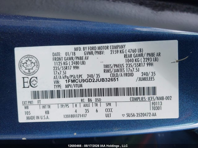 Ford ESCAPE SE 2018 1FMCU9GD2JUB32651 Image 19