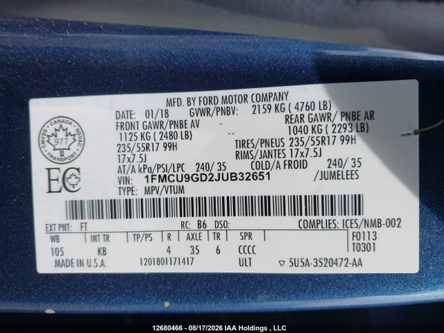 Ford ESCAPE SE 2018 1FMCU9GD2JUB32651 Image 9