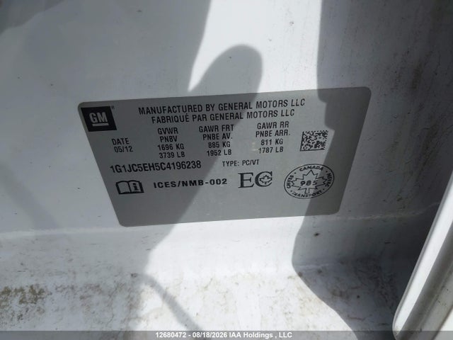 2012 Chevrolet Sonic Lt მანქანა იყიდება აუქციონზე, vin: 1G1JC5EH5C4196238, აუქციონის ნომერი: 12680472