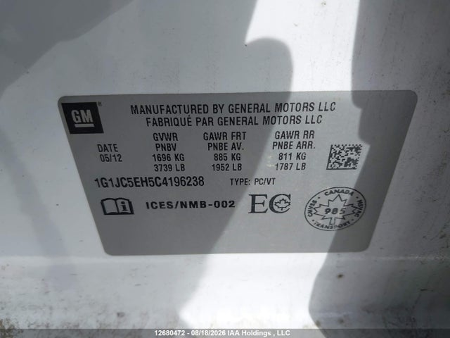2012 Chevrolet Sonic Lt მანქანა იყიდება აუქციონზე, vin: 1G1JC5EH5C4196238, აუქციონის ნომერი: 12680472
