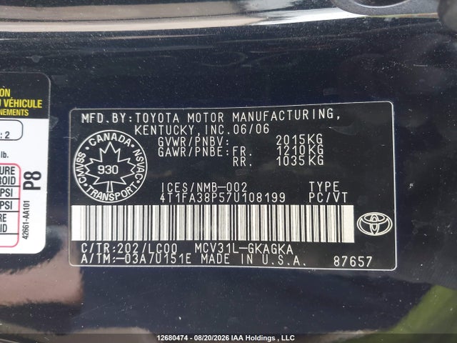 2007 Toyota Solara Sle V6/sport V6 მანქანა იყიდება აუქციონზე, vin: 4T1FA38P57U108199, აუქციონის ნომერი: 12680474