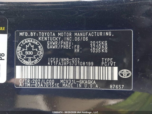 2007 Toyota Solara Sle V6/sport V6 მანქანა იყიდება აუქციონზე, vin: 4T1FA38P57U108199, აუქციონის ნომერი: 12680474