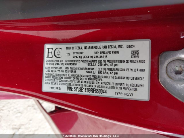 5YJ3E1EB9RF850044 Tesla MODEL 3