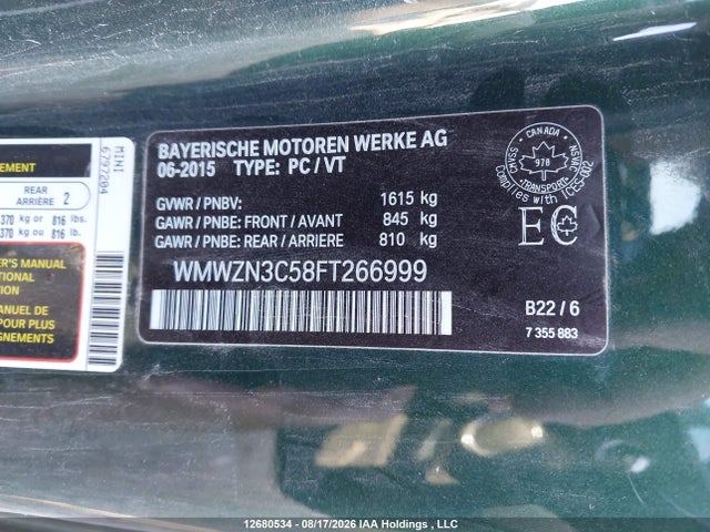Aukcja sprzedaży 2015 Mini Convertible Cooper, vin: WMWZN3C58FT266999, numer aukcji: 12680534
