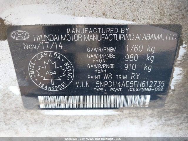 5NPDH4AE5FH612735 Hyundai ELANTRA GL