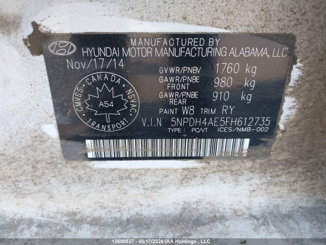 5NPDH4AE5FH612735 Hyundai ELANTRA GL