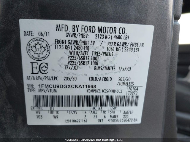 Продажа на аукционе авто 2012 Ford Escape Xlt, vin: 1FMCU9DGXCKA11668, номер лота: 12680540