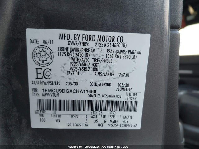 Продажа на аукционе авто 2012 Ford Escape Xlt, vin: 1FMCU9DGXCKA11668, номер лота: 12680540
