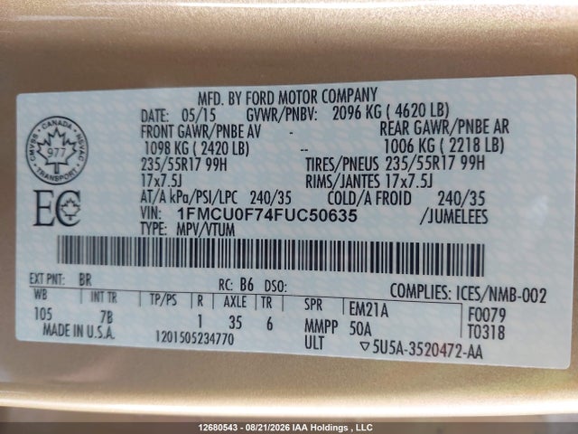 1FMCU0F74FUC50635 Ford ESCAPE S