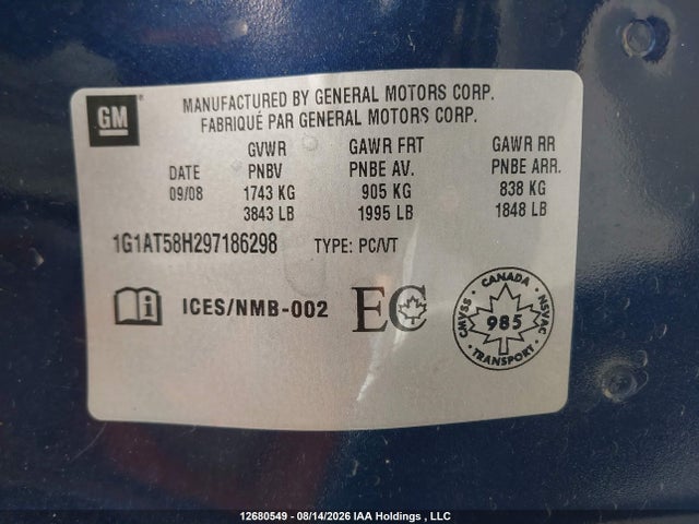 2009 Chevrolet Cobalt Lt მანქანა იყიდება აუქციონზე, vin: 1G1AT58H297186298, აუქციონის ნომერი: 12680549