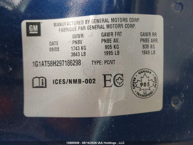 2009 Chevrolet Cobalt Lt მანქანა იყიდება აუქციონზე, vin: 1G1AT58H297186298, აუქციონის ნომერი: 12680549