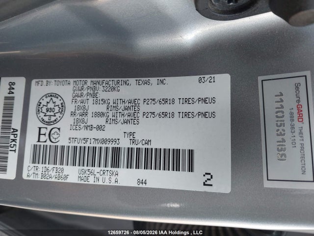 Продажа на аукционе авто 2021 Toyota Tundra, vin: 5TFUY5F17MX009993, номер лота: 12659726