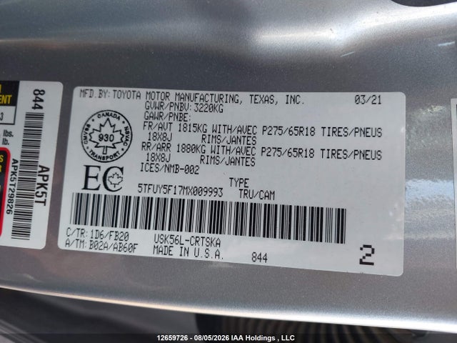 Продажа на аукционе авто 2021 Toyota Tundra, vin: 5TFUY5F17MX009993, номер лота: 12659726