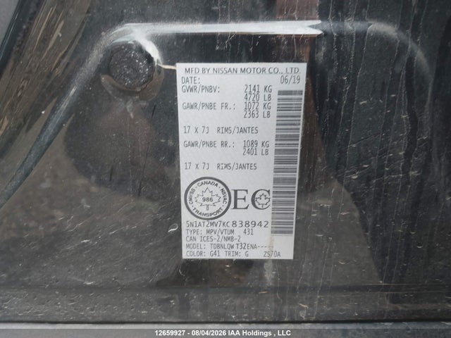 12659927 :رقم المزاد ، 5N1AT2MV7KC838942 vin ، 2019 Nissan Rogue S/sl/sv مزاد بيع