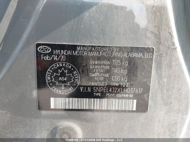 12668185 :رقم المزاد ، 5NPEL4J2XLH037617 vin ، 2020 Hyundai Sonata Luxury مزاد بيع