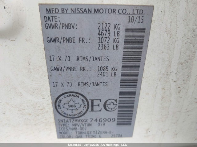 5N1AT2MVXGC746909 Nissan Rogue S/sl/sv