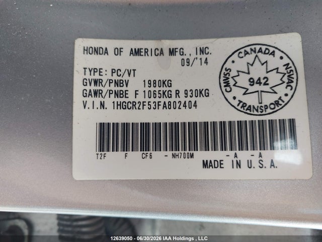 Aukcja sprzedaży 2015 Honda Accord Sport, vin: 1HGCR2F53FA802404, numer aukcji: 12639050