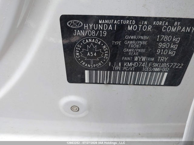 Aukcja sprzedaży 2019 Hyundai Elantra Essential, vin: KMHD74LF9KU857722, numer aukcji: 12663252