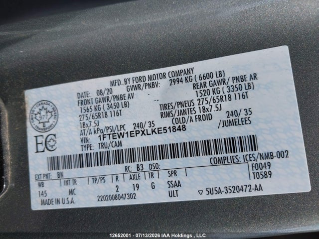 12652001 :رقم المزاد ، 1FTEW1EPXLKE51848 vin ، 2020 Ford F-150 Xlt مزاد بيع
