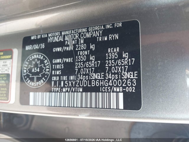 12656661 :رقم المزاد ، 5XYZUDLB6HG400263 vin ، 2017 Hyundai Santa Fe Sport 2.4 Premium مزاد بيع