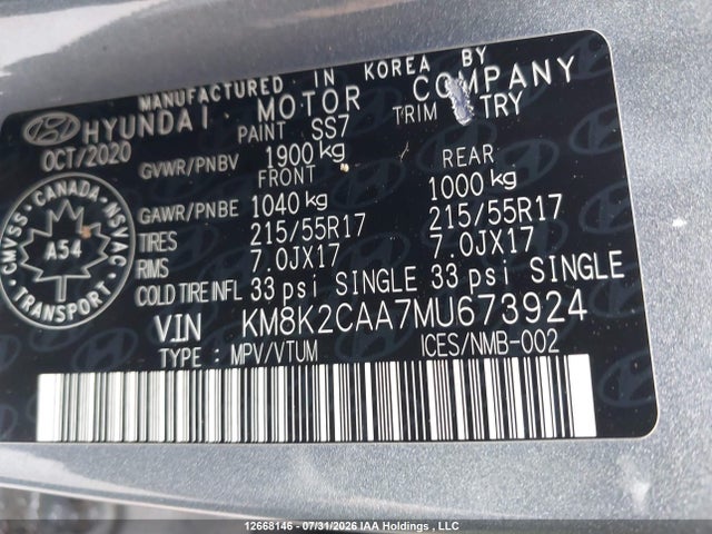 Продаж на аукціоні авто 2021 Hyundai Kona Preferred Awd, vin: KM8K2CAA7MU673924, номер лоту: 12668146