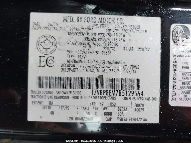 12665801 :رقم المزاد ، 1ZVBP8EM7B5129564 vin ، 2011 Ford Mustang Convertible مزاد بيع