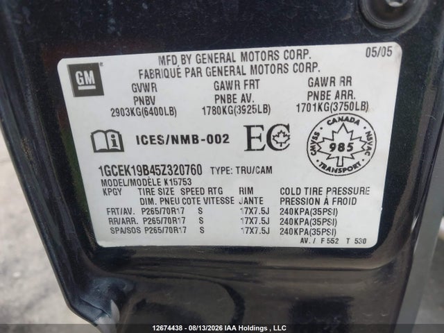 Продажа на аукционе авто 2005 Chevrolet Silverado 1500 Ls/lt, vin: 1GCEK19B45Z320760, номер лота: 12674438