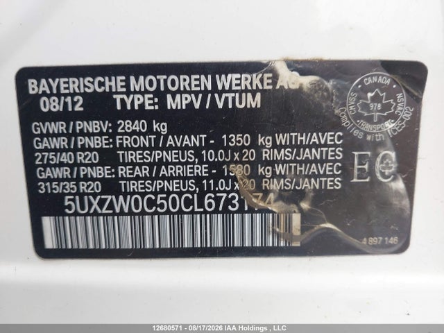 2012 Bmw X5 Xdrive35d მანქანა იყიდება აუქციონზე, vin: 5UXZW0C50CL673174, აუქციონის ნომერი: 12680571