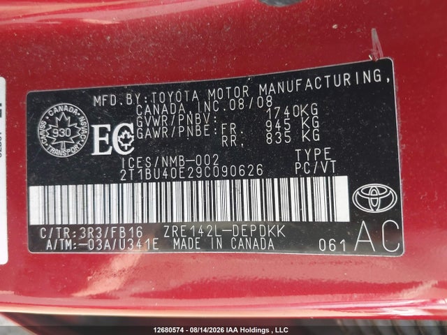 12680574 :رقم المزاد ، 2T1BU40E29C090626 vin ، 2009 Toyota Corolla S/le/xle مزاد بيع