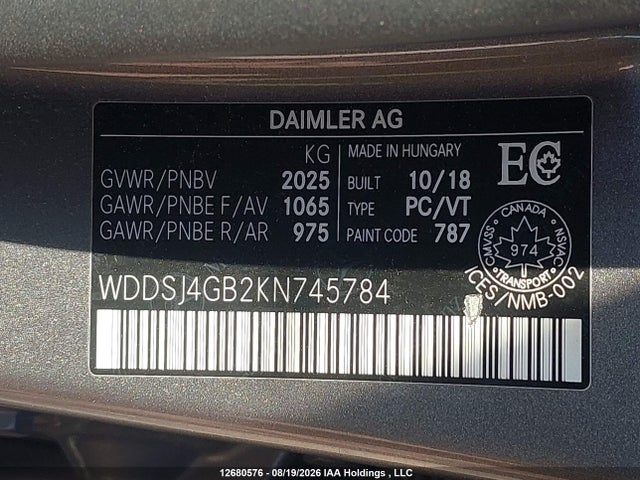 12680576 :رقم المزاد ، WDDSJ4GB2KN745784 vin ، 2019 Mercedes-benz Cla 250 4matic مزاد بيع