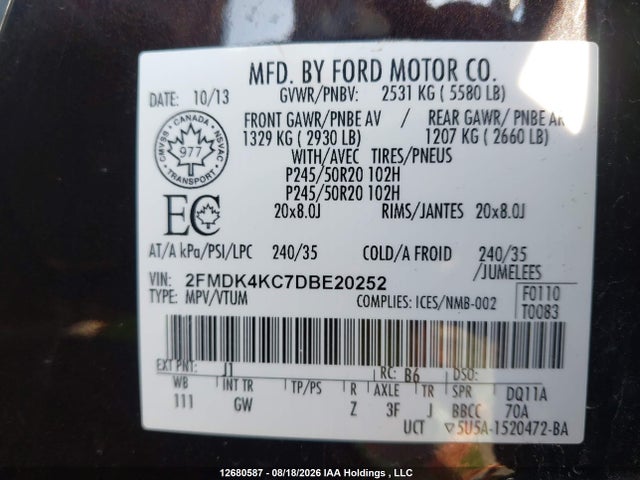 Продажа на аукционе авто 2013 Ford Edge Limited, vin: 2FMDK4KC7DBE20252, номер лота: 12680587