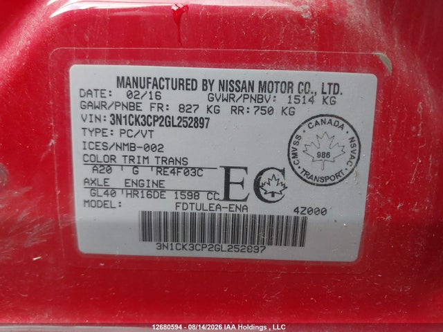 3N1CK3CP2GL252897 Nissan Micra