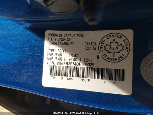 Aukcja sprzedaży 2013 Honda Civic, vin: 2HGFB2F74DH005029, numer aukcji: 12680595