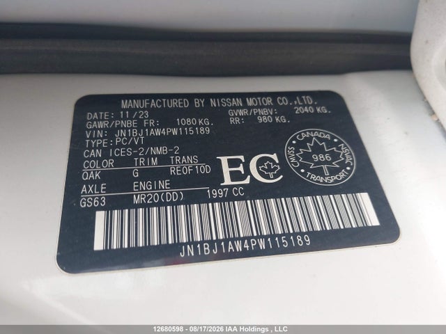 12680598 :رقم المزاد ، JN1BJ1AW4PW115189 vin ، 2023 Nissan Qashqai S مزاد بيع