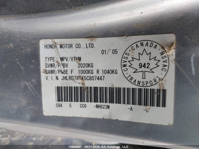 Auction sale of the 2005 Honda Cr-v Se/ex, vin: JHLRD789X5C807447, lot number: 12680607