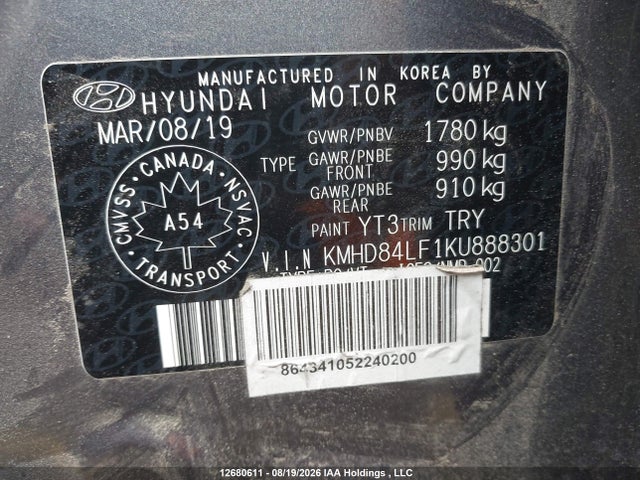 Продаж на аукціоні авто 2019 Hyundai Elantra, vin: KMHD84LF1KU888301, номер лоту: 12680611