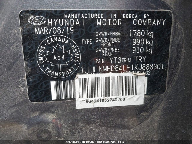 Продаж на аукціоні авто 2019 Hyundai Elantra, vin: KMHD84LF1KU888301, номер лоту: 12680611