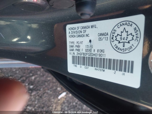 2013 Honda Civic Ex 4dr მანქანა იყიდება აუქციონზე, vin: 2HGFB2F52DH019011, აუქციონის ნომერი: 12680614