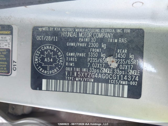 2012 Hyundai Santa Fe მანქანა იყიდება აუქციონზე, vin: 5XYZG4AG0CG114374, აუქციონის ნომერი: 12680622