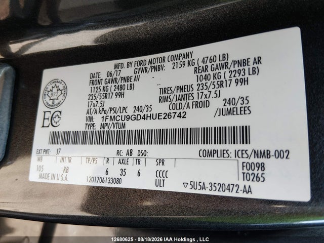 12680625 :رقم المزاد ، 1FMCU9GD4HUE26742 vin ، 2017 Ford Escape Se مزاد بيع