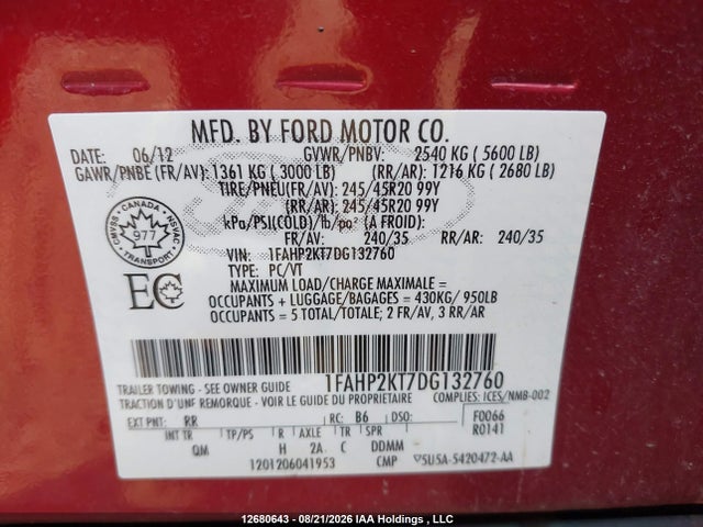Auction sale of the 2013 Ford Taurus Sho, vin: 1FAHP2KT7DG132760, lot number: 12680643