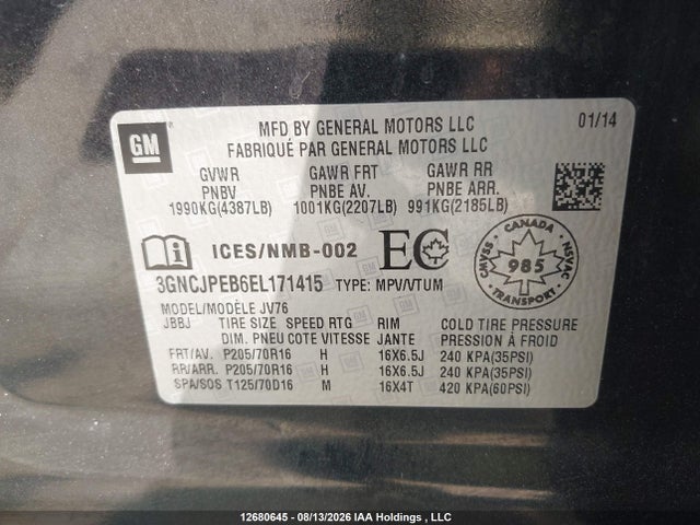 12680645 :رقم المزاد ، 3GNCJPEB6EL171415 vin ، 2014 Chevrolet Trax 1lt مزاد بيع
