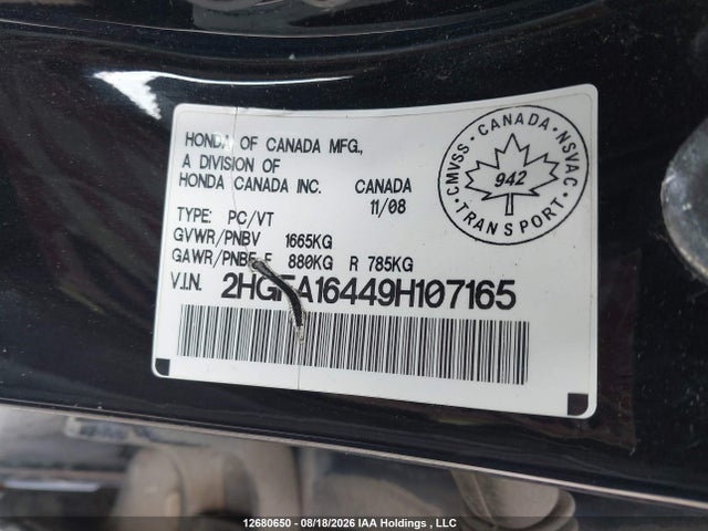 12680650 :رقم المزاد ، 2HGFA16449H107165 vin ، 2009 Honda Civic Dx-g مزاد بيع