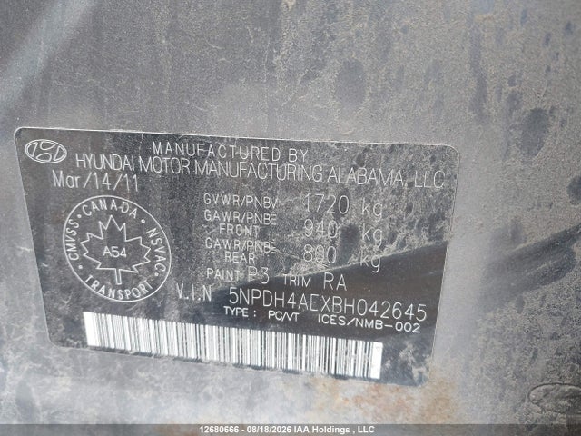 2011 Hyundai Elantra Gl მანქანა იყიდება აუქციონზე, vin: 5NPDH4AEXBH042645, აუქციონის ნომერი: 12680666
