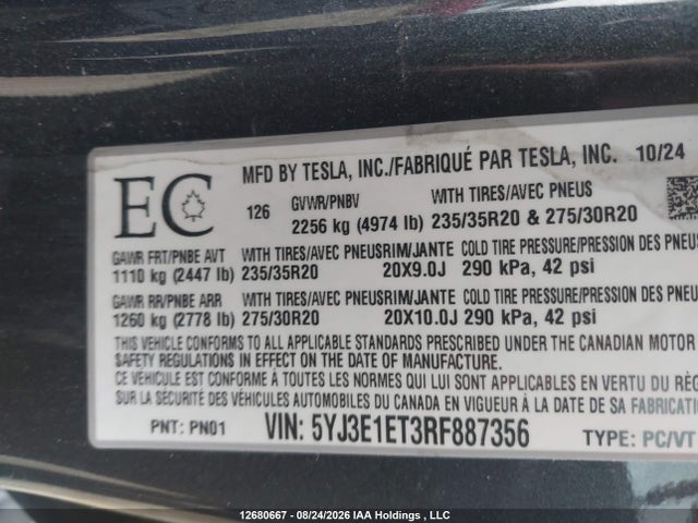 Продажа на аукционе авто 2024 Tesla Model 3, vin: 5YJ3E1ET3RF887356, номер лота: 12680667