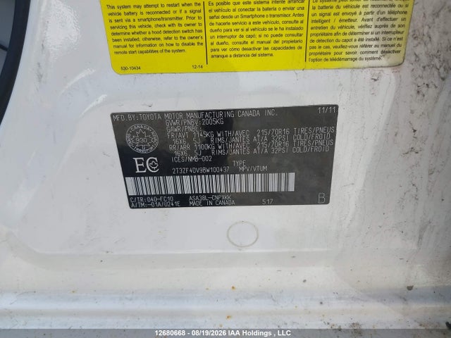 12680668 :رقم المزاد ، 2T3ZF4DV9BW100437 vin ، 2011 Toyota Rav4 مزاد بيع
